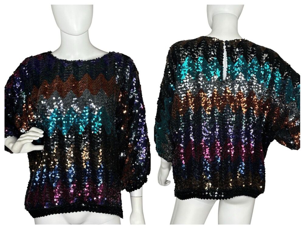 Women's Size M Disco 1980s Joy Stevens Rainbow Sequin Dolman Sleeve Top